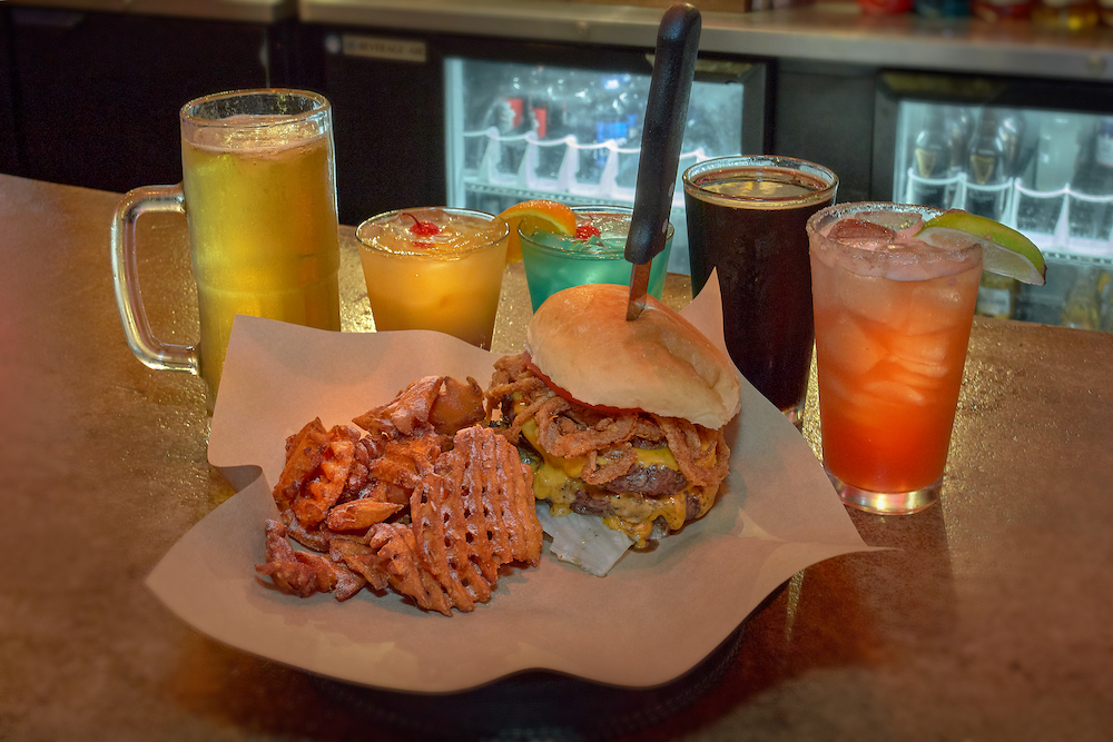 jt hannah's burger with sweet potato waffle fries and cocktails