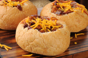 Bread bowl filled with chili.